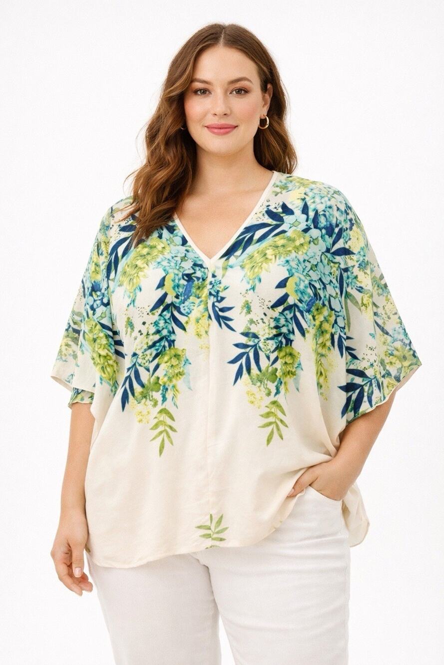 Rimini Woman’s Boho Botanical Flowy Blouse White/Gn/Blue Resortwear Size 36 (16)